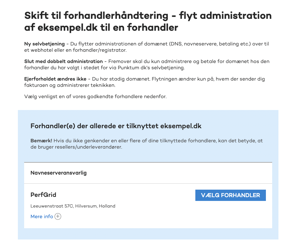 Punktum.dk domæneoversigt med Skift forhandler og sektionen til autorisationskoder